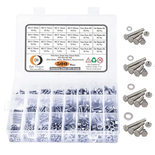 Image of Metric M3 M4 M5 M6 Stainless Alloy Steel 202 Grade Full Threaded Hex Bolts Nuts and Washer Assortment Kit Set with Storage Box Pack of 500 Pcs