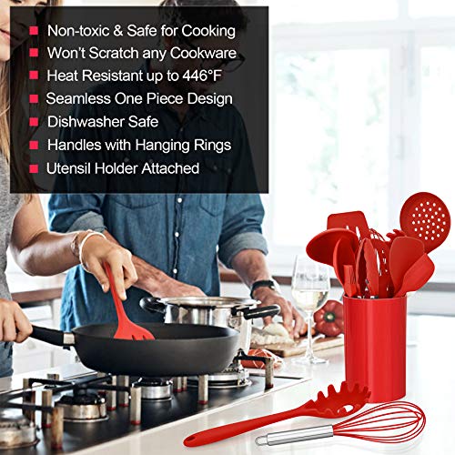 Image of LIANYU 12-Piece Red Silicone Kitchen Cooking Utensils with Holder, Kitchen Tools Set Include Slotted Spatula Spoon Turner Ladle Tong Whisk, Dishwasher Safe