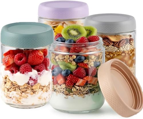 Fulfun 16oz Overnight Oats Jars - 4 Pack Mason Salad Containers with Airtight Lids, Glass Storage Pots for Breakfast and Snacks (480ML)