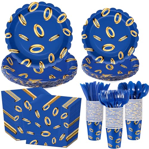 Zhehao 168 Pcs Blue with Gold Ring Birthday Party Decoration Video Game Cartoon Theme Blue Paper Plates Cup Napkin Knives Fork Spoon for Gaming Theme Birthday Party Disposable Supplies Serve 24 Guest