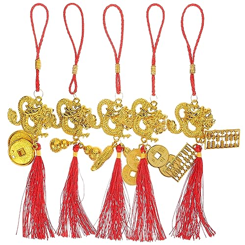 ABOOFAN Chinese Red Tassel Chinese New Year Dragon Year Charm Car Hanging Decorations Lunar Year Hanging Pendants for 2024 Spring Festival 5pcs