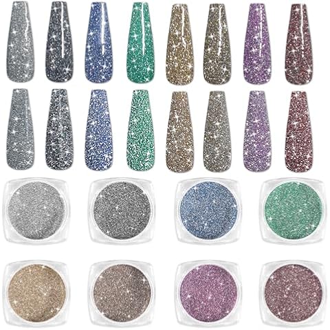 Laza 8 Colors Korea Diamond Nail Powder Sparkling Crystal Glitter Holographic Nail Glitter Dust Laser Silver Mirror Effect Bright Shining Flakes for Acrylic Nails Polish Nail Art DIY Decoration Cover