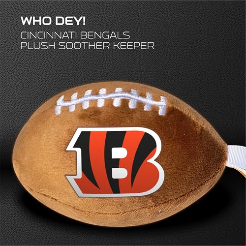 Image of Cincinnati Bengals Plush Football Pacifier Holder by Smilo - Officially Licensed NFL Soother Holder - Soft Plush Toy and Dummy Holder - Fits Any Pacifier - Stroller Accessory & Newborn Essential