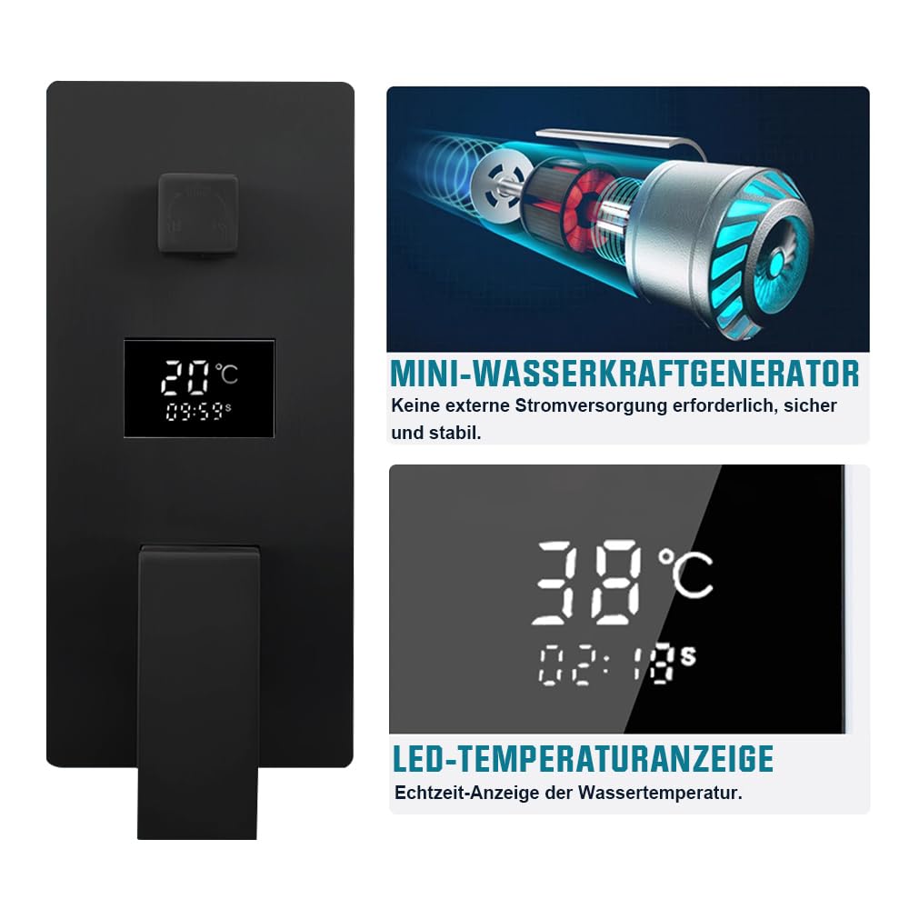 Duschsystem Schwarz Unterputz Duscharmatur Set inkl.30X30cm Kopfbrause, Duschsystem mit Temperatur LCD Display, Regendusche Schwarz, 200mm Handbrause, Messingkörper, 1.5m Brauseschlauch, 37cm Hoche