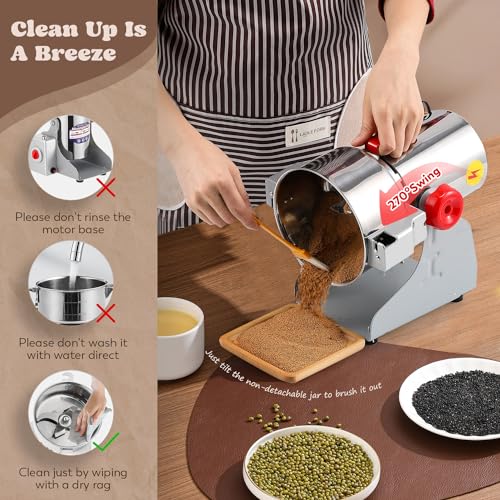 Moongiantgo 700g Grain Mill Grinder Commercial Spice Grinder 2500W Stainless Steel Electric Pulverizer Dry Grinding Machine for Wheat Corn Rice Pepper Herbs Coffee Beans (700g Swing, 110V)