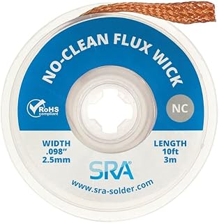 SRA Soldering Wick with Flat Woven Copper Desoldering Braid Strip and No Clean Flux for Easy Damage-Free Solder Removal - 1 Pack 10 Foot Solder Wick Spool