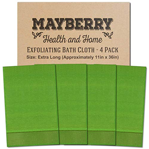 Extra Long (36 Inches) Exfoliating Bath Cloth/Towel (4 Pack) Nylon Bath Cloth/Towel, Stitching On All Sides For Added Durability (Green) #TOP4