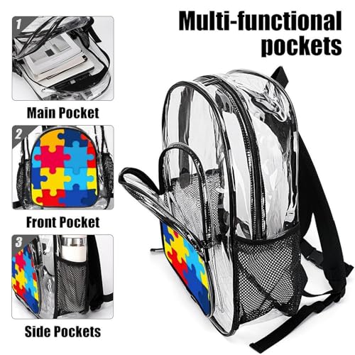 Water-Resistant Portable Transparent Backpacks with Side Mesh Pockets for Women and Men Casual Daily Use (Autism Awareness Colorful Puzzles)4
