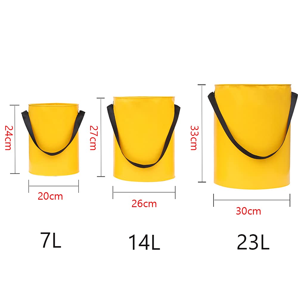 Seau à eau pliable, multifonctionnel pour extérieur, portable, sac de rangement pour camping, pique-nique, randonnée, pêche (23 L, jaune)