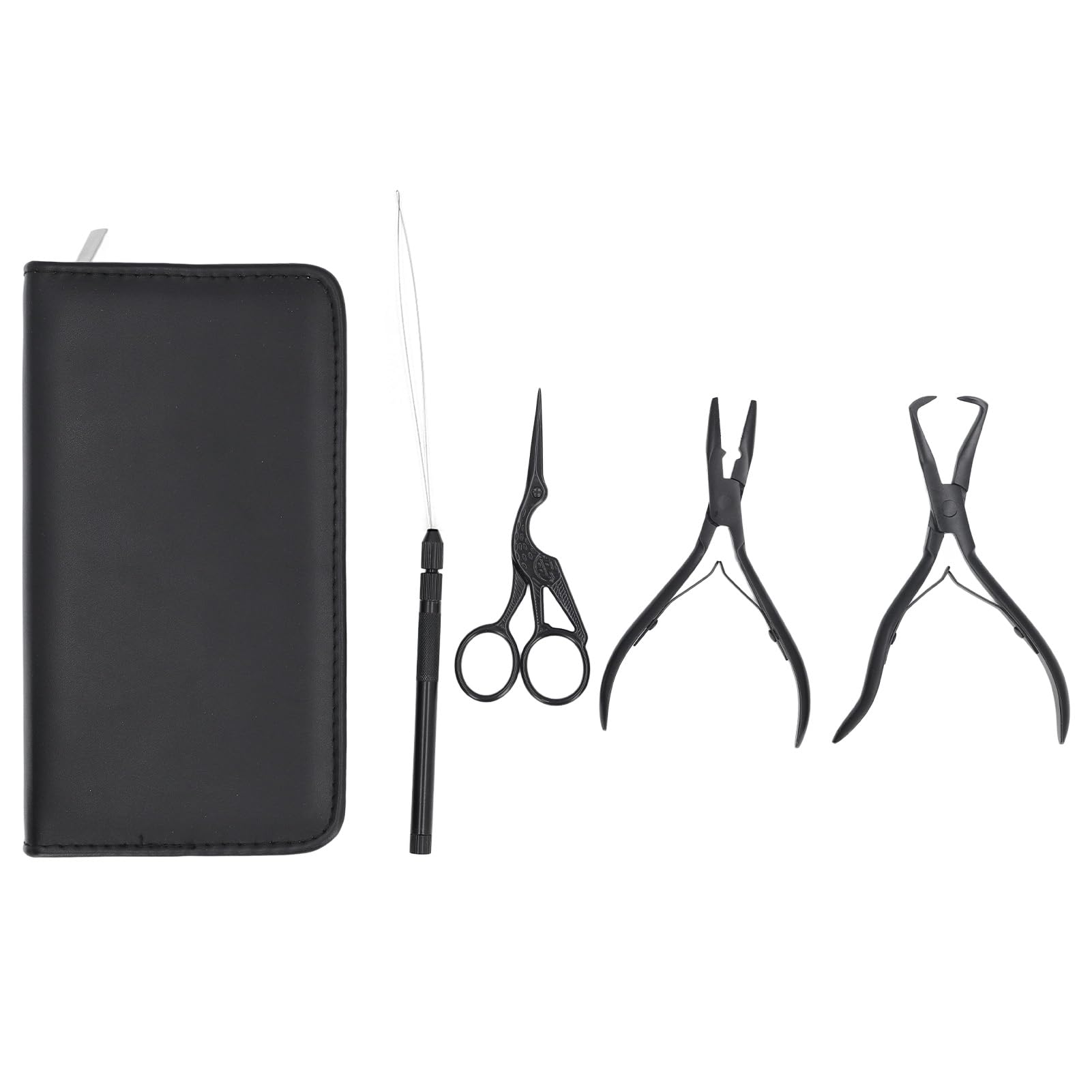 Walmeck Le Kit D'outils D'extension de Cheveux Comprend 4 Pinces en Acier Inoxydable, Boucle de Fil, Crochet Perles, Aiguille, Petits Ciseaux avec Sac Rangement pour Extensi (noir)