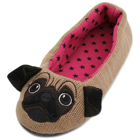 Slumberzzz Ladies Knitted Animal Character Ballet Slippers Brown Pug 7-8 UK Cover