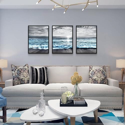 Black Framed Canvas Wall Art For Living Room & Bedroom Decor - Black And White Beach Wall Painting - Blue Ocean Sea Wave Pictures - Modern Office Posters - Home Decor Set of 3