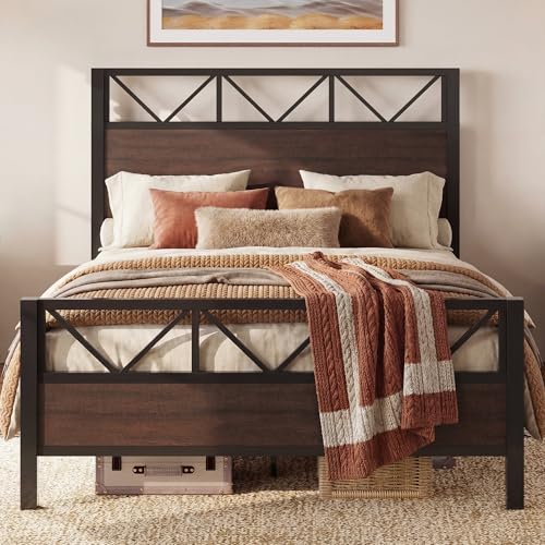 Image of LIKIMIO Queen Bed Frame, Tall Industrial Headboard 51.2 inch, Platform Bed Frame with Strong Metal Support, Solid and Stable, Noise Free, No Box Spring Needed, Easy Assembly, Dark Brown