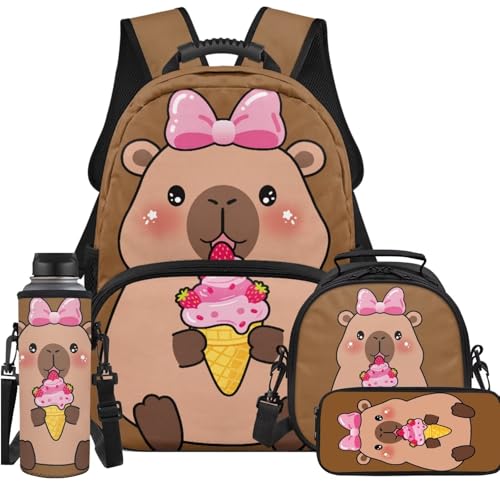 Ystardream Adorable Capybara Backpack and Lunch Bag Set for Girls Large Capacity Backpack with Front Pocket Kids 17 Inch Kindergarten Bookbag Trendy Daypack with Pencil Case & Water Bottle Sleeve