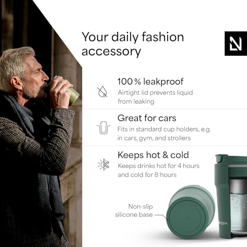 Image of LARS NYSOM Thermo Coffee Mug to go 13oz | Travel Mug 0.38 Liter with Insulation | Silicone grip base | Leak Proof Stainless Steel Tumbler for Coffee and Tea on the Go (Powder Pine Green, 13oz)