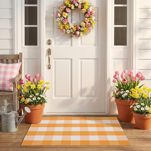 Spring Yellow and White Plaid Rug 24 x 37 Cotton Blend Layered Doormat Rug for Front Door Hand-Woven Washable Entryway & Porch Decor