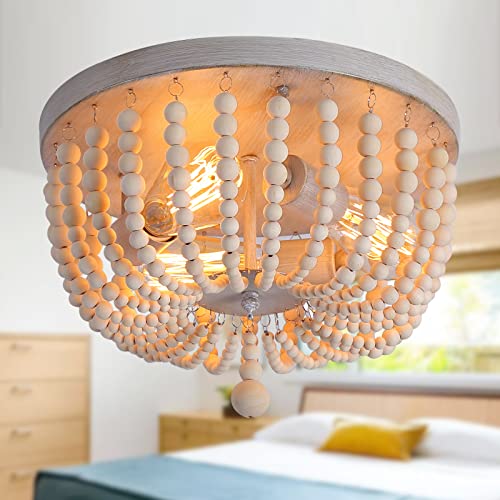 Q&S Wood Beaded Chandelier,3-Light Boho Farmhouse Semi Flush Mount Ceiling Light,Oak White Bohemian Light Fixture for Nursery Bedroom Hallway Kitchen UL Listed