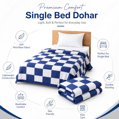 Image of Single Bed Dohar Classic Navy Check | Lightweight Summer Quilt | Soft Microfiber AC Blanket | Breathable All Season Comforter | Skin Friendly Bed Cover