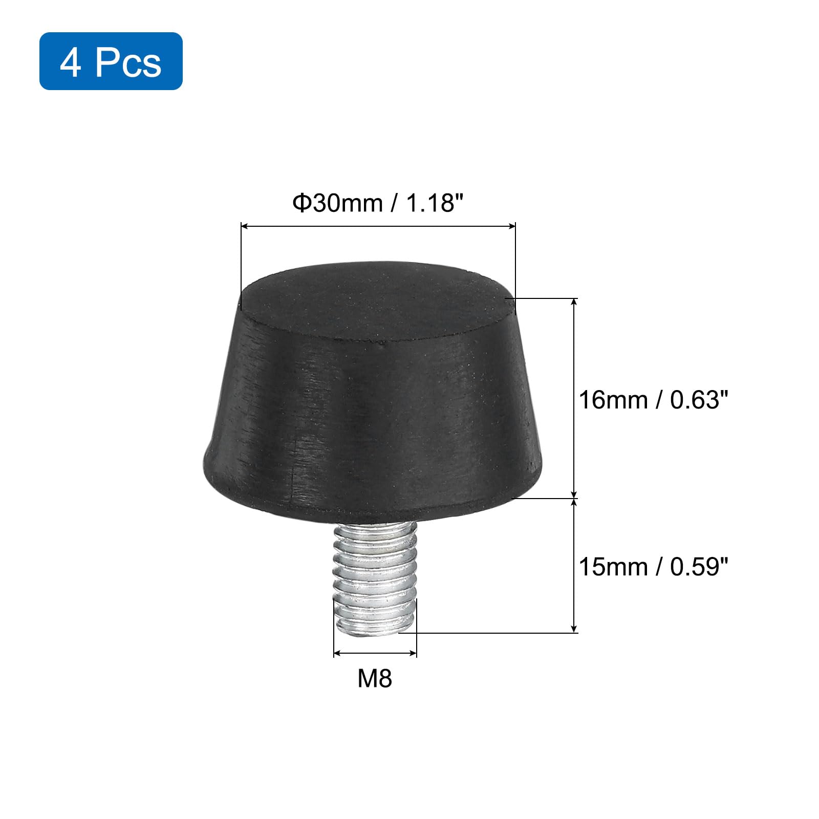 sourcing map 4 piedini di livellamento regolabili con filettatura, 3 x 1,6 cm, piedini in gomma per mobili, con borchie M8 x 15 mm, per proteggere il pavimento di tavoli, sedie, colore nero