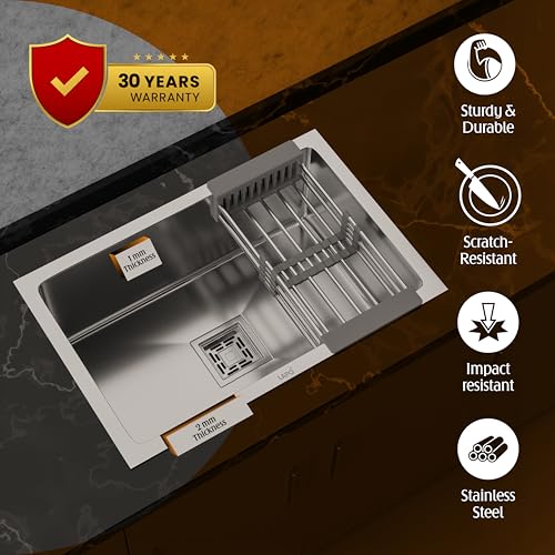 Image of LAPO Stainless Steel Sink for Modular Kitchen | 24x18x9 Inch Single Bowl Format | UV Safe Finish with Integrated Tap Cut-Out | Supplied with Waste Set & Drain Strainer | 20 Year Warranty (Silver Matt)