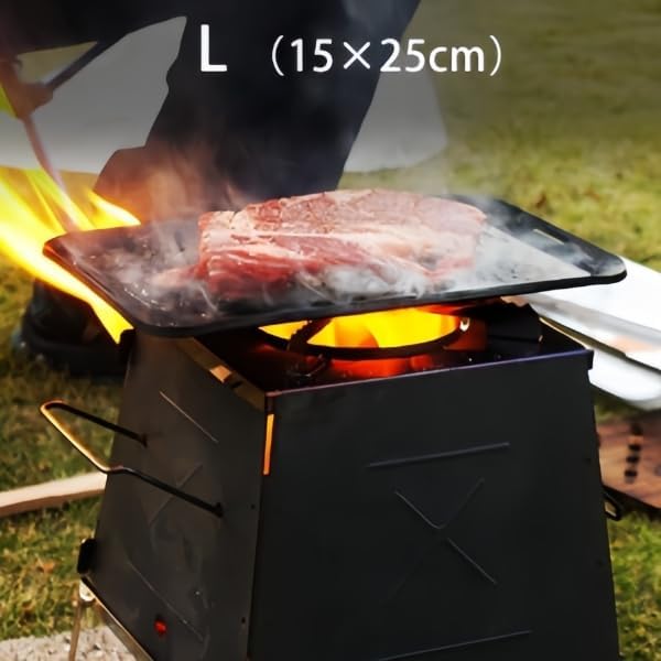 極厚アウトドア鉄板 (取手&ヘラ付き／フチ有り) [黒皮鉄 ソロキャンプ ステーキ 焼肉 バーベキュー BBQ] Lサイズ
