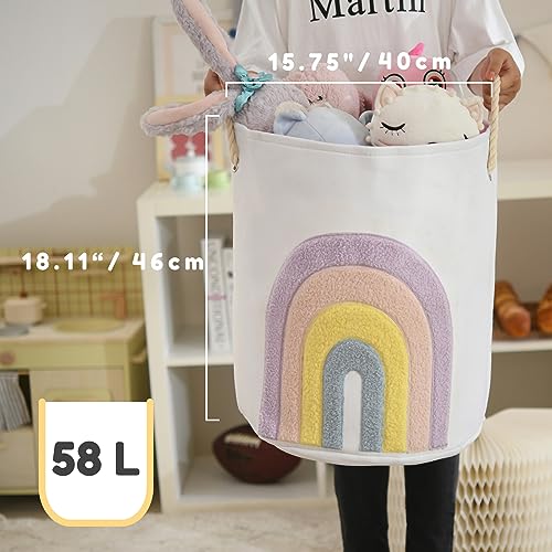 Image of Pink Baby Hamper, XL Canvas 58L Laundry Basket with Drawstring Closure, Boho Rainbow Decor