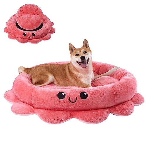 Jiupety Cama redonda para perros grandes, color rosa, con forma de pulpo, lavable, cama para perros, rosquilla, 91 cm, cesta para perros, color rosa