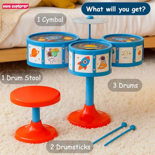 Image of MiniExplorer Jazz Drum Set for Kids | Musical Toy Set with 3 Drums, 1 Cymbal, Drumsticks & Stool | Durable Plastic Learning Toy Music Instrument for Boys & Girls for 3 Years+