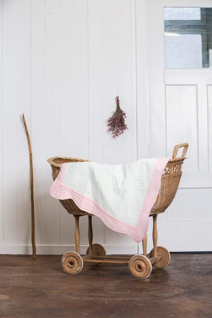 MONOBLANKS Baby Quilt Personlized Monogram Lightweight Embossed Scalloped Throw Blanket Four Seasons (White-Pink Trim)