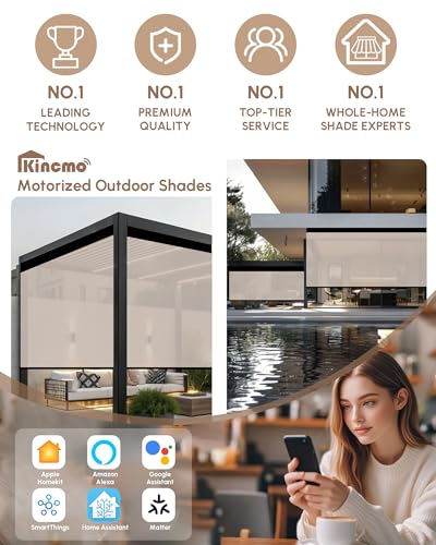 Image of Kincmo Motorized Outdoor Shades for Patio Porch, Custom Outdoor Motorized Blinds with Remote, Waterproof & Windproof Patio Shades Work with Apple Home,Alexa,Google (Beige-3% Openness)