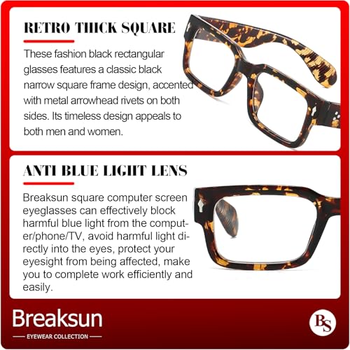 Image of Breaksun Rectangle Glasses for Men Women Square Blue Light Glasses Thick Frame Black Eyeglasses
