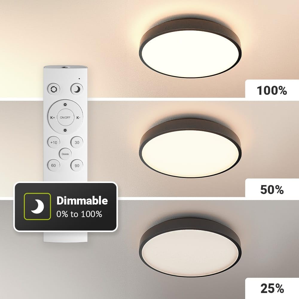 HOFTRONIC - LED Deckenlampe Badezimmer Schwarz 35 cm - Ultra Flach - 24 Watt Dimmbar mit Fernbedienung - CCT 3000K, 4000K, 6500K - IP44 Wasserdicht - Deckenleuchte Plafonniere