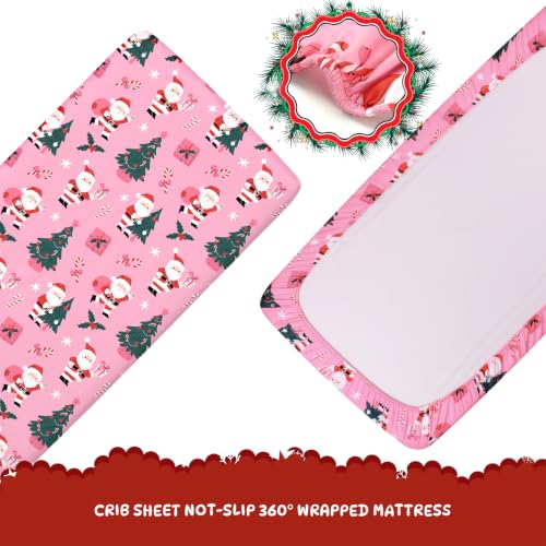 Image of Cloele Pink Christmas Fitted Crib Sheet,Santa Candy,52x28in