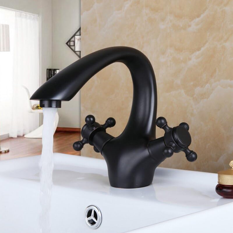Grifo de lavabo de 2 manijas con caño alto de cisne latón negro pulido