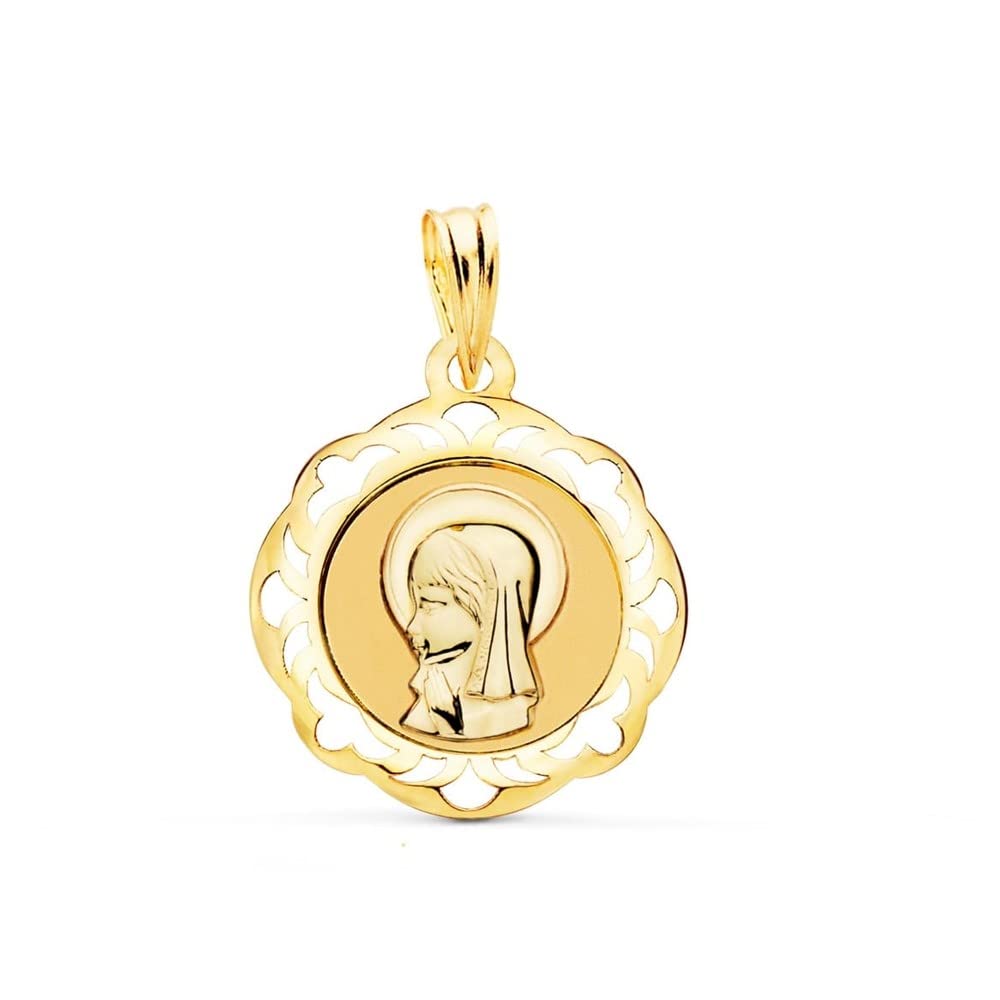 Virgen Niña medalla oro 18k Primera Comunión colgante 20mm. cerco calado brillo