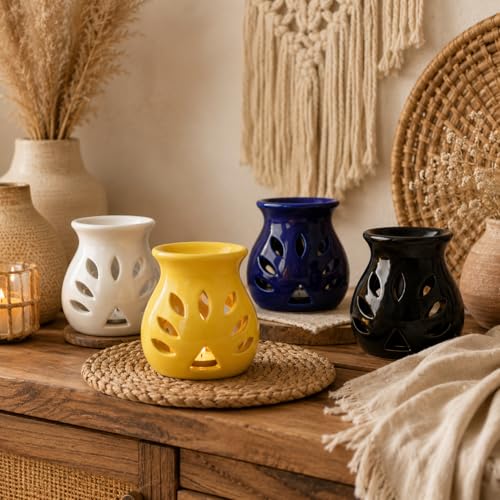 Image of BRAHMZ Ceramic Aroma Diffuser Set of 4 with 4 Tealight Candles | Tea Light Candle Diffuser | Essential Oil Burner for Home Fragrance, Aromatherapy, Living Room & Bedroom