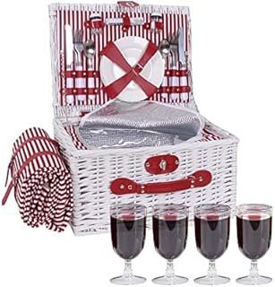 Picnic Basket for 4 Wicker Picnic Set with Large Insulated Cooler Compartment & Waterproof Blanket & Cutlery Service Kit Retro Classic Willow Picnic Hamper Set for Camping Outdoor (04white)