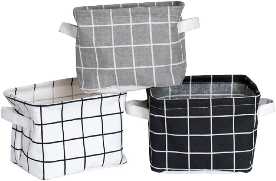 FocuH Stylish Storage Basket Cotton and Linen Fabric Mini Storage Cubes Nursery Storage Baskets with Handles for Shelves & Desks (Set of 3)