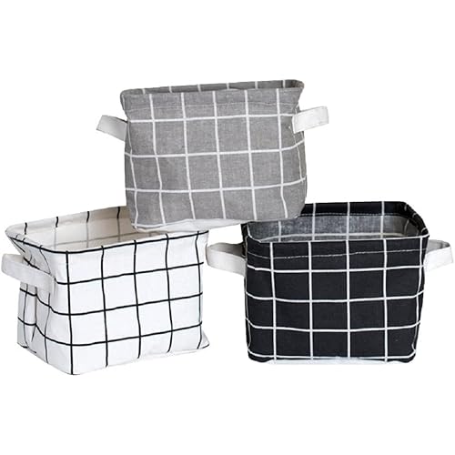 FocuH Stylish Storage Basket Cotton and Linen Fabric Mini Storage Cubes Nursery Storage Baskets with Handles for Shelves & Desks (Set of 3)