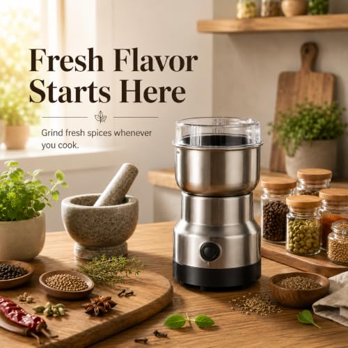 Image of KRESHU Electric Stainless Steel Spice Grinder, Multifunction Coffee Masala Grinder Machine with Sharp Blades, Dry Herbs Nuts Seeds Grain Grinder for Kitchen, Compact Mixer Grinder