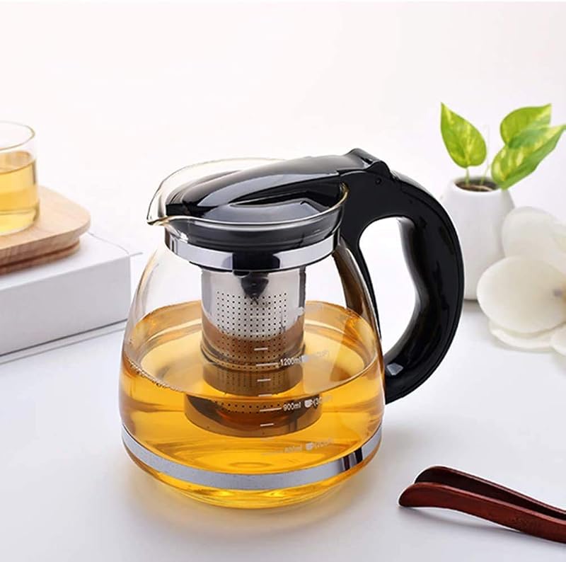 ProLeo Üveg Teáskanna Rozsdamentes Acél Szűrővel - 2000ml Hőálló Fekete Teafőző Fedéllel, Mosogatógépben Mosható, Otthoni és Irodai Használa