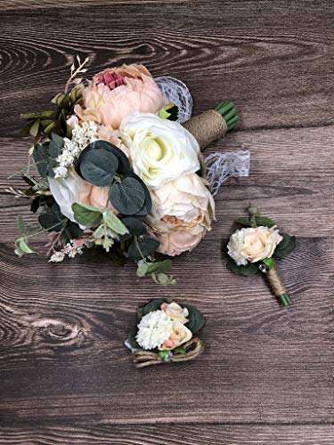Abbie Home 5pcs Wedding Bouquet Kit - Artificial Roses Peony Lily Bridal Flowers Wrist Corsage Boutonnier Set - Thumbnail 5