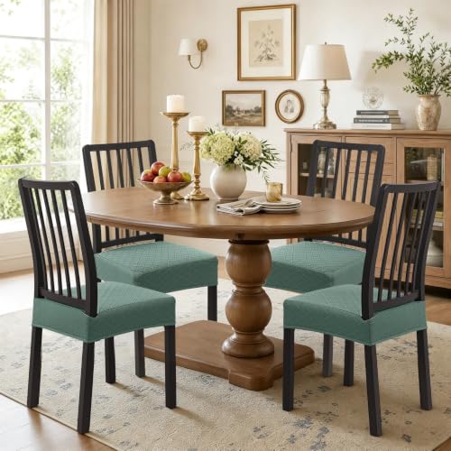 Image of SearchI Waterproof Dining Chair Seat Covers Set of 6, Hook and Loop Tape Stretch Chair Covers for Dining Chairs, Washable Dining Room Seat Cover Protector (Green)
