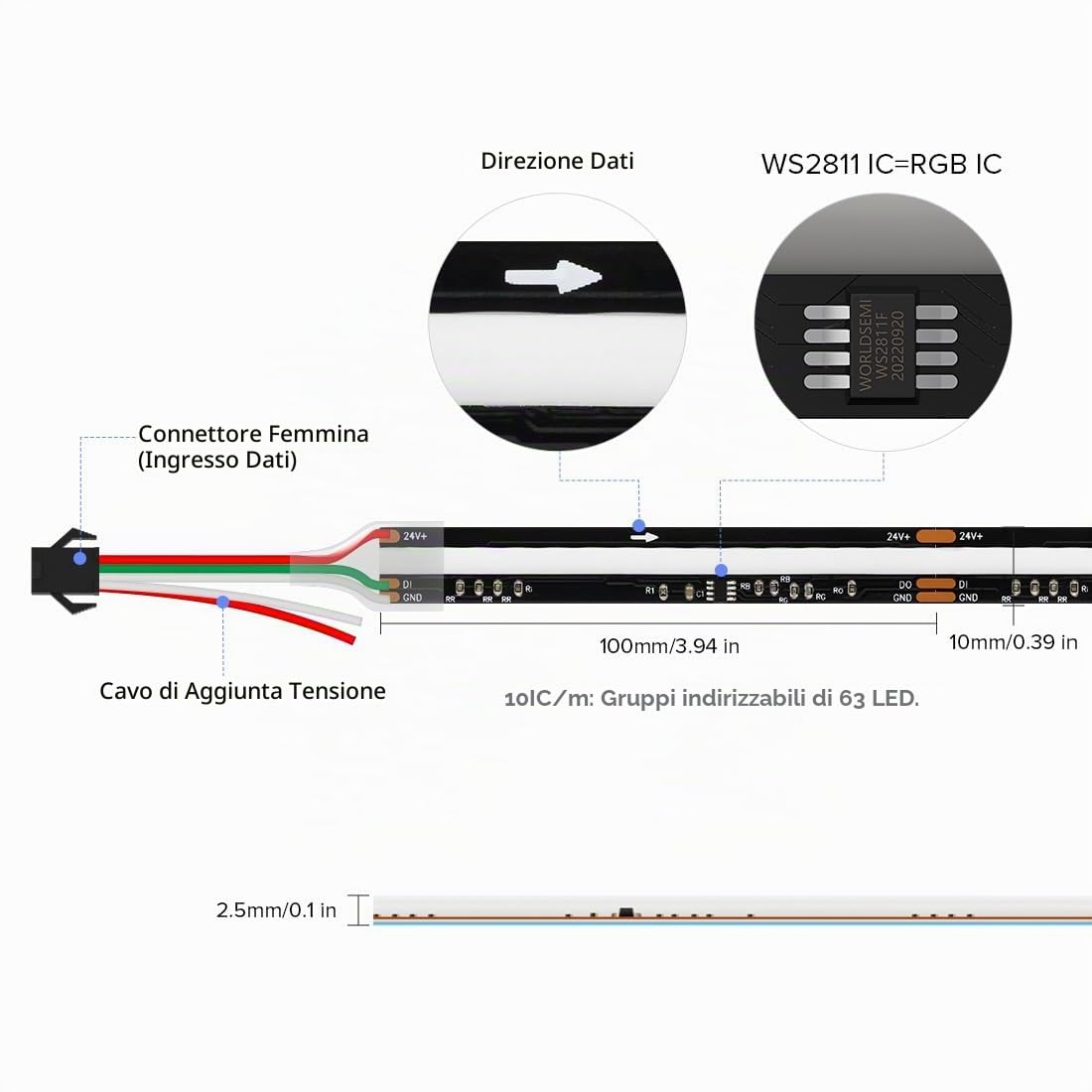 FCOB COB WS2811 IC RGB Indirizzabile Striscia LED Uniform 5M DC24V Nero PCB | 630LEDs/m 70IC flessibile ad alta densità Strisce LED che Cambia Colore per Camera da Letto(Non Alimentazione Controller)