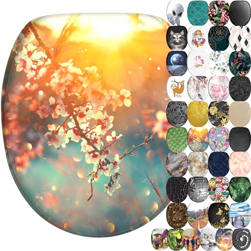 Sanilo Abattant WC frein de chute, Grande sélection de lunettes de toilette avec abaissement automatique, Fixation facile (Fleur de Cerisier)