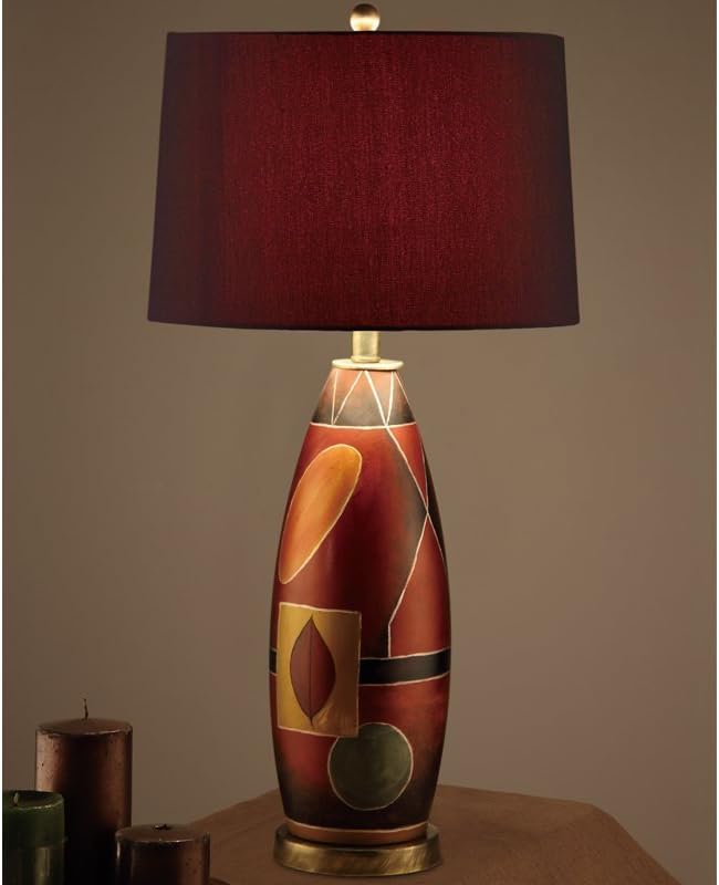 Poundex Set of 2, Beautiful Contemporary Table Lamp with Red Color Shade and Earth Color Base