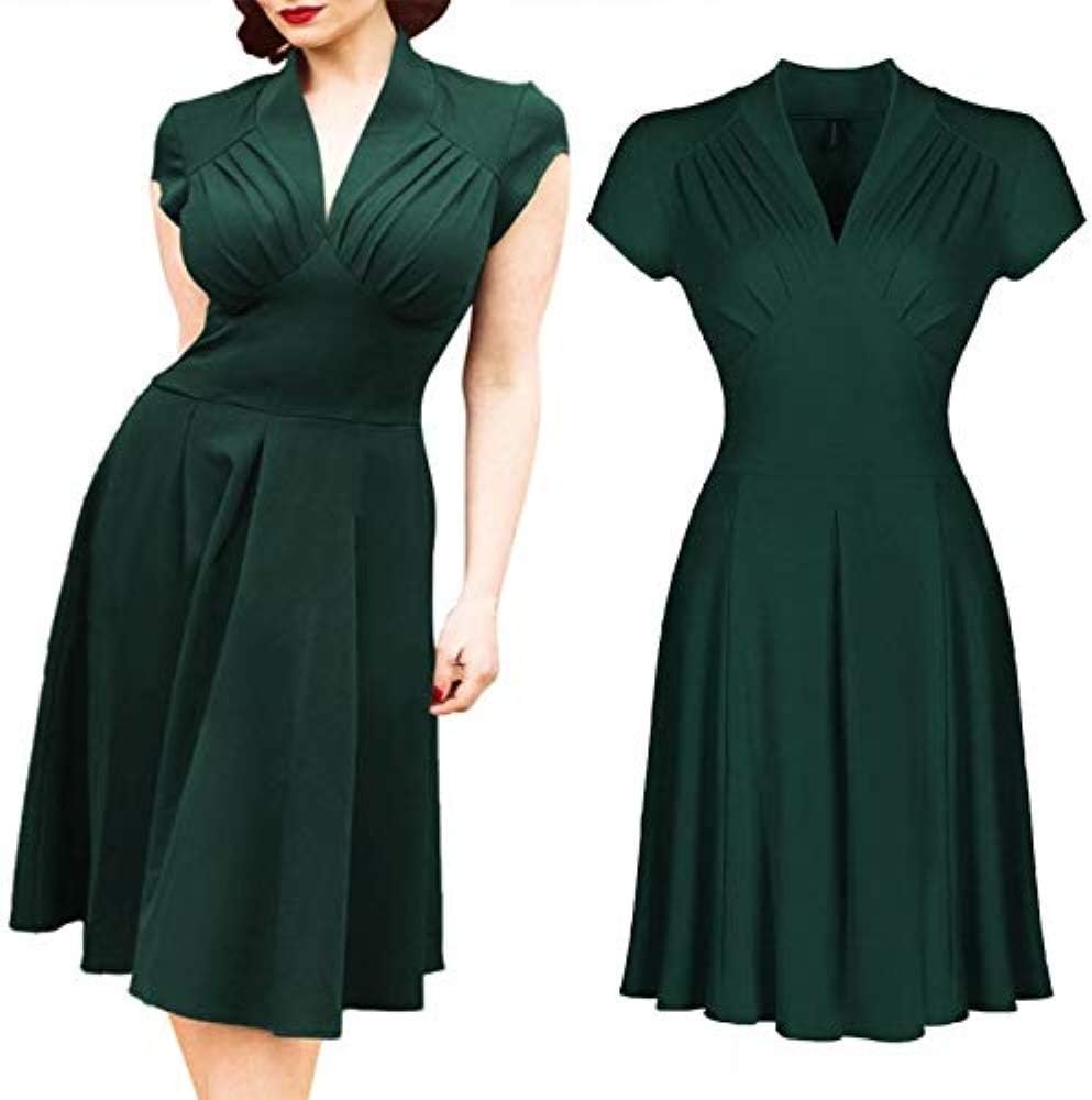 maket 2017New Vintage Style Retro 1940s Shirtwaist Flared Party Tea Elegant Women Dress Summer Dress Swing Skaters Size 8-18(Green,L)