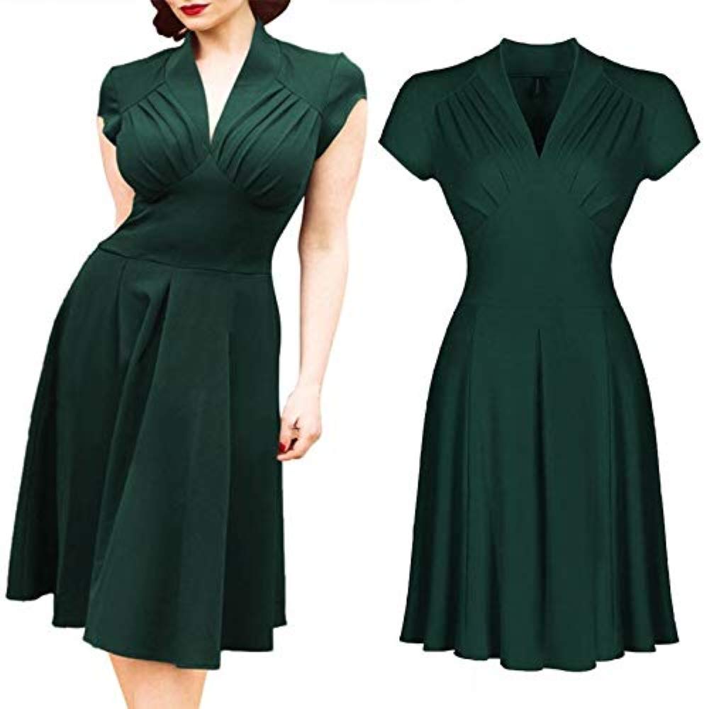 maket 2017New Vintage Style Retro 1940s Shirtwaist Flared Party Tea Elegant Women Dress Summer Dress Swing Skaters Size 8-18(Green,L)