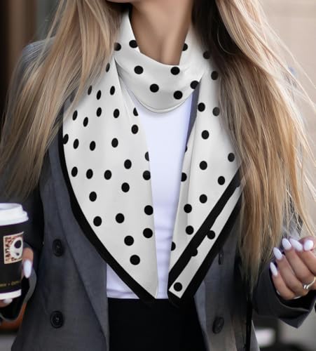 WIRESTER 27.5 Inch Fashion Hair Scarf, Medium Square Satin Head Scarf, Head Scarves, Neckerchief, Hair Bandana, Sleeping Wrap for Women - White Black Polka Dots3