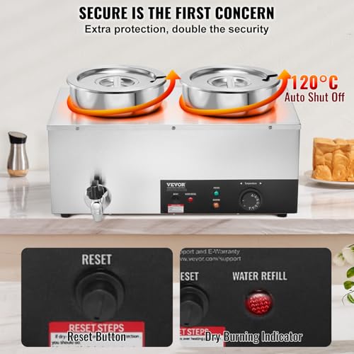 Image of ETL Listed Electric Soup Warmer, Dual 7.4QT Stainless Steel Round Pot 86~185F Adjustable Temp, 1200W Commercial Bain Marie with Anti-Dry Burn, Soup Station for Restaurant, Buffet, Silver